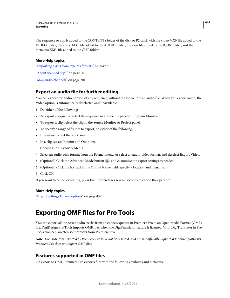 Export an audio file for further editing, Exporting omf files for pro tools, Features supported in omf files | Exporting omf files for pro, Tools | Adobe Premiere Pro CS4 User Manual | Page 455 / 491