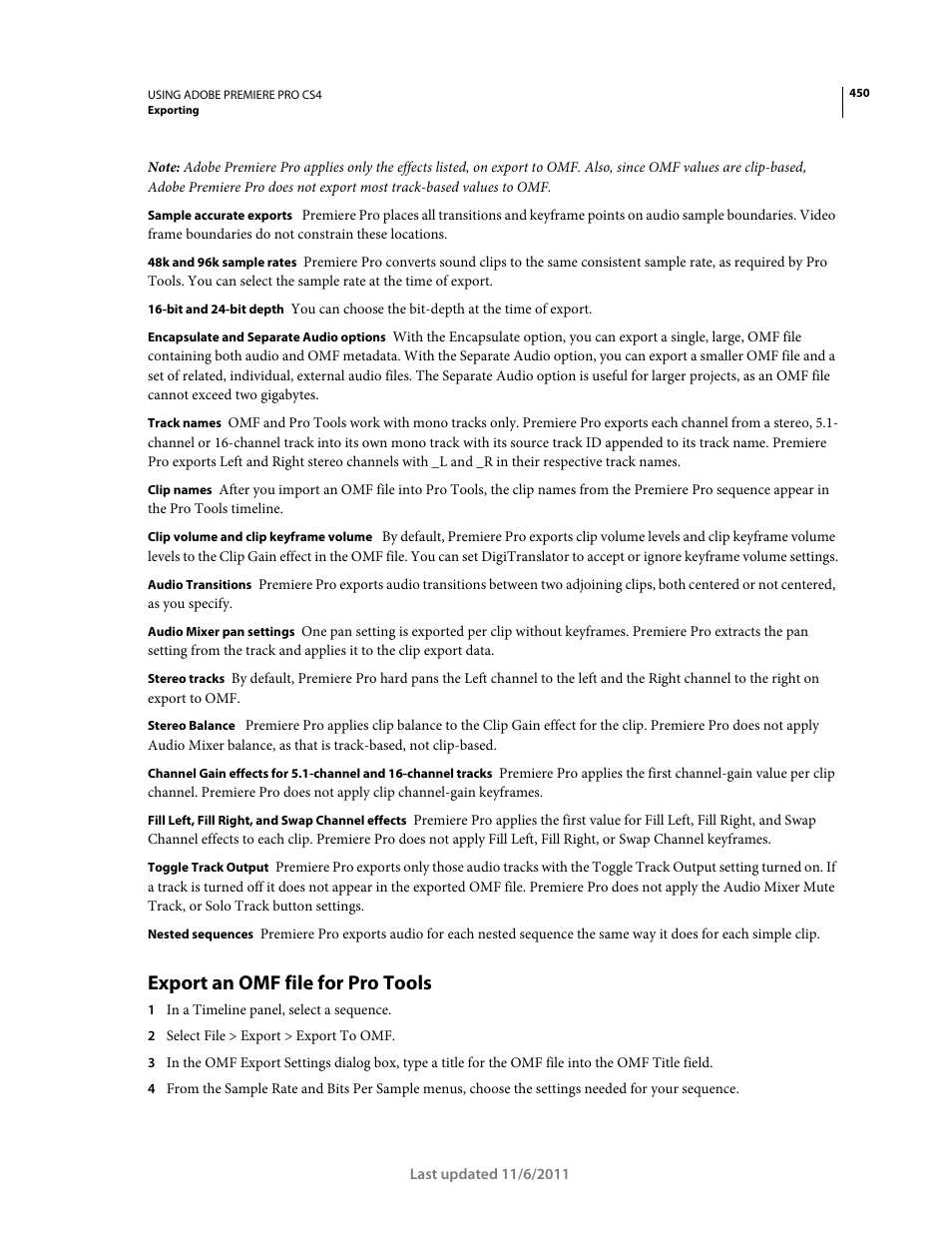 Export an omf file for pro tools | Adobe Premiere Pro CS4 User Manual | Page 456 / 491