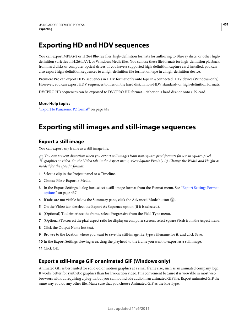 Exporting hd and hdv sequences, Exporting still images and still-image sequences, Export a still image | Adobe Premiere Pro CS4 User Manual | Page 458 / 491