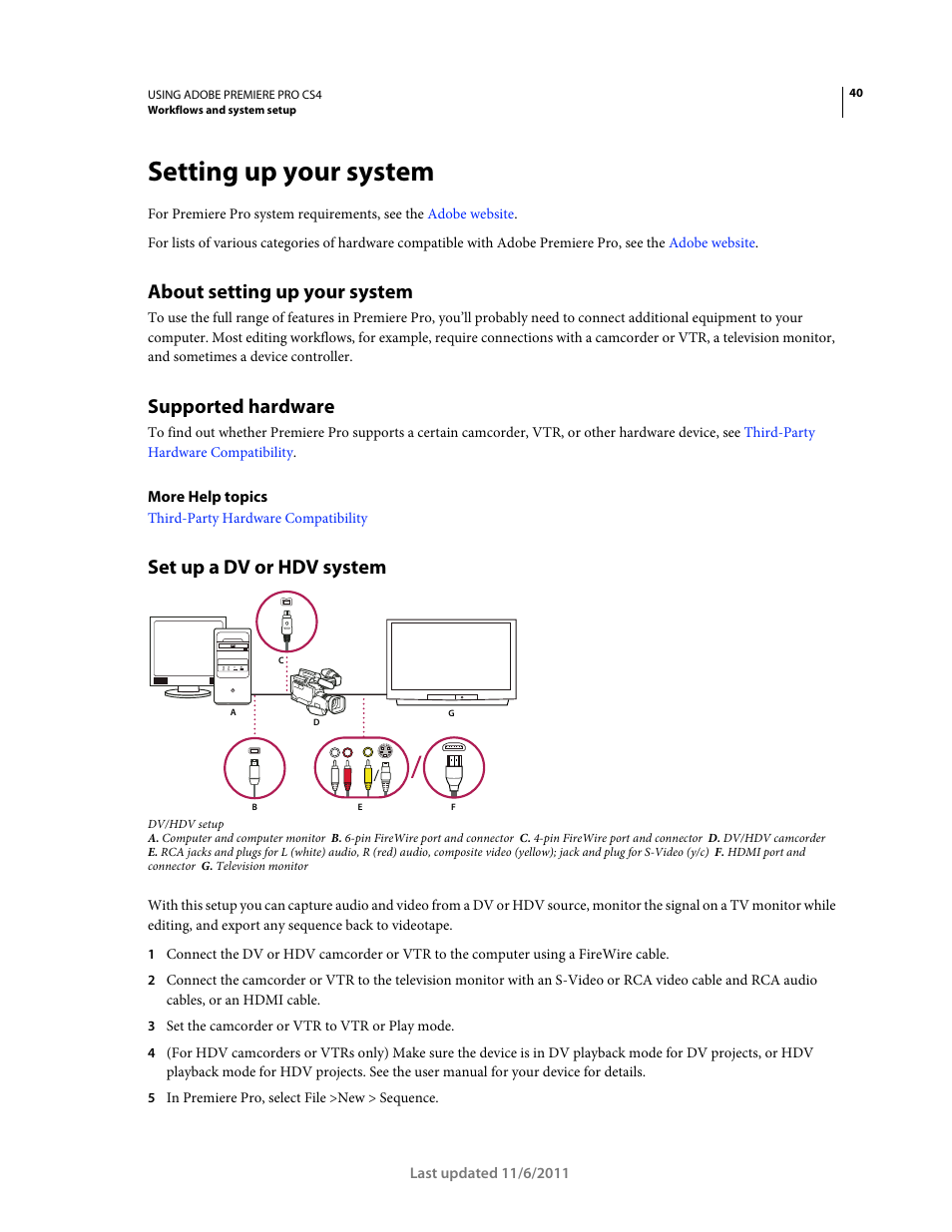 Setting up your system, About setting up your system, Supported hardware | Set up a dv or hdv system | Adobe Premiere Pro CS4 User Manual | Page 46 / 491