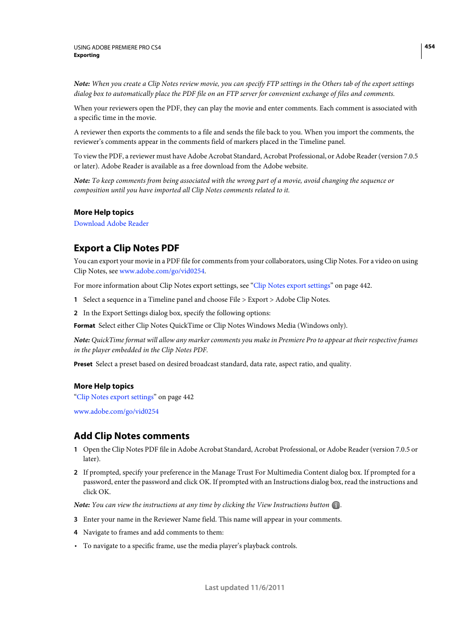 Export a clip notes pdf, Add clip notes comments, Add clip | Notes comments | Adobe Premiere Pro CS4 User Manual | Page 460 / 491
