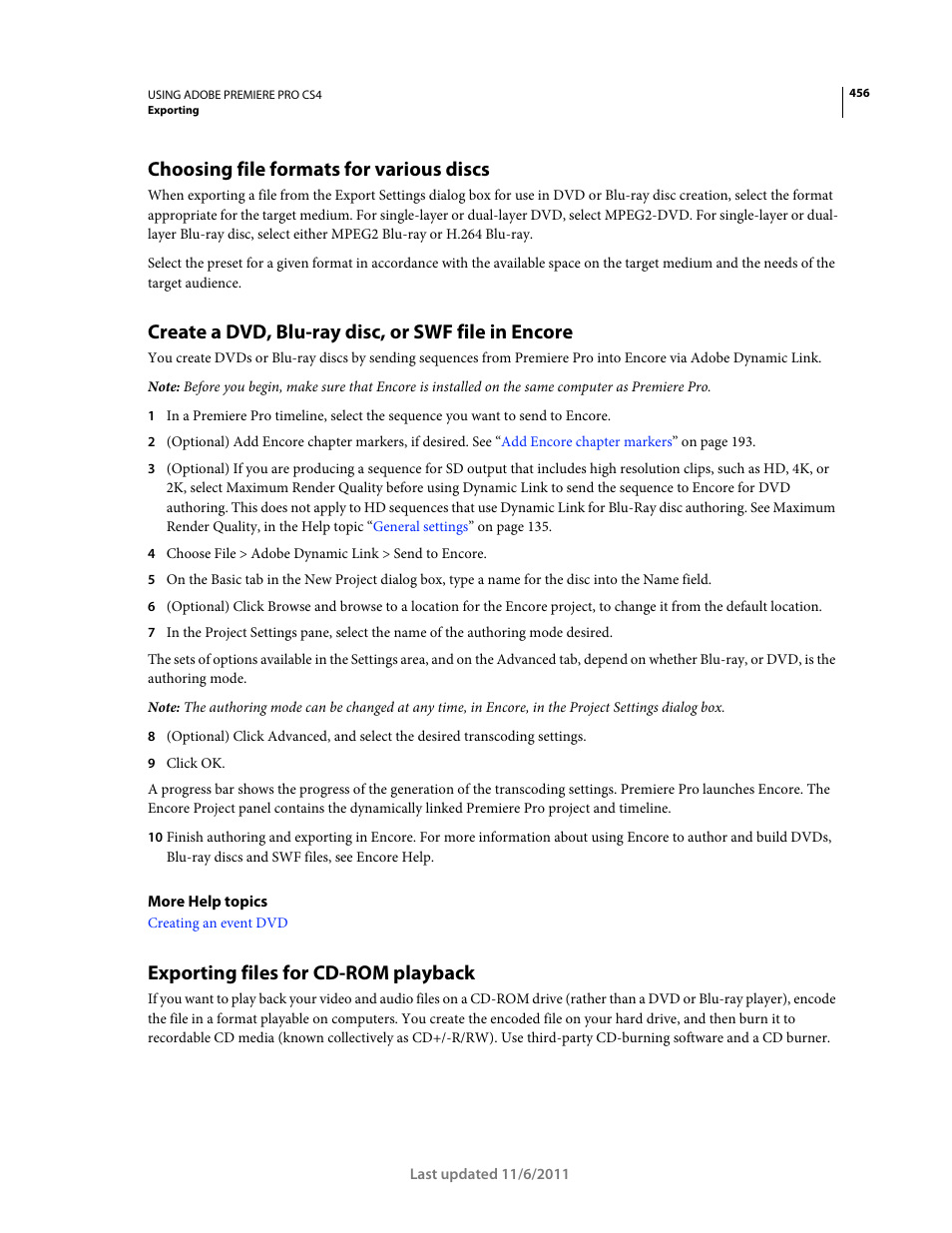 Choosing file formats for various discs, Create a dvd, blu-ray disc, or swf file in encore, Exporting files for cd-rom playback | Adobe Premiere Pro CS4 User Manual | Page 462 / 491