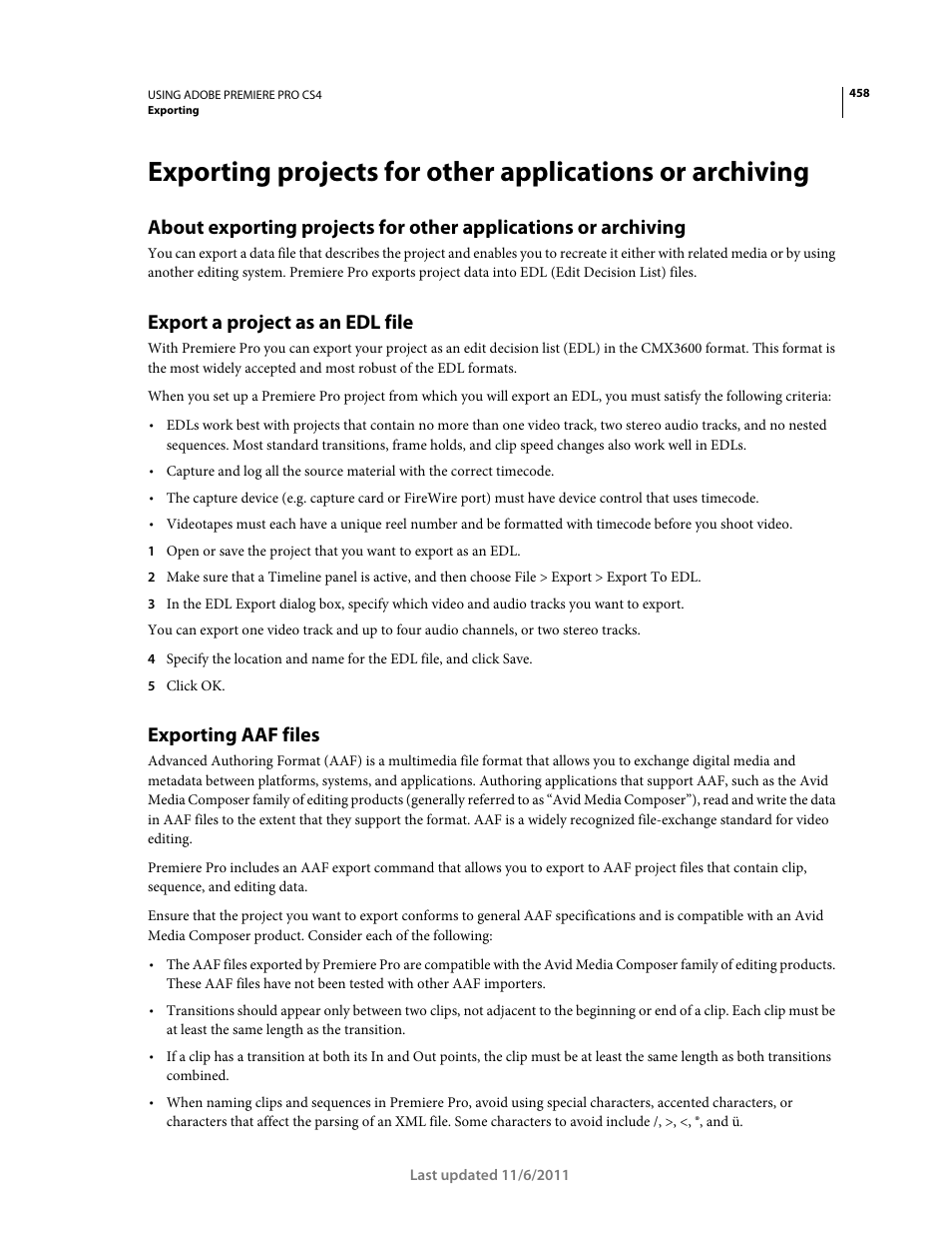 Export a project as an edl file, Exporting aaf files | Adobe Premiere Pro CS4 User Manual | Page 464 / 491