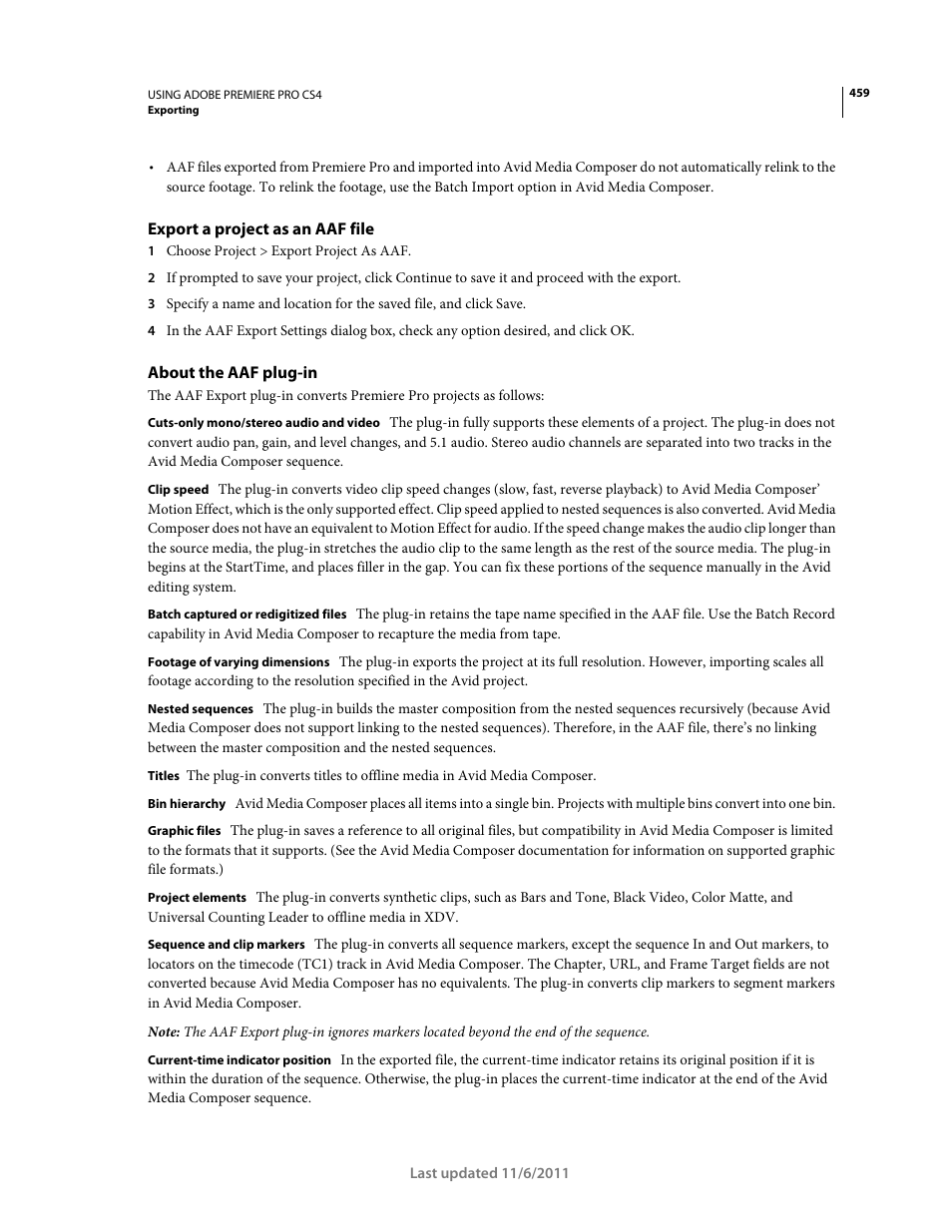 Export a project as an aaf file, About the aaf plug-in | Adobe Premiere Pro CS4 User Manual | Page 465 / 491