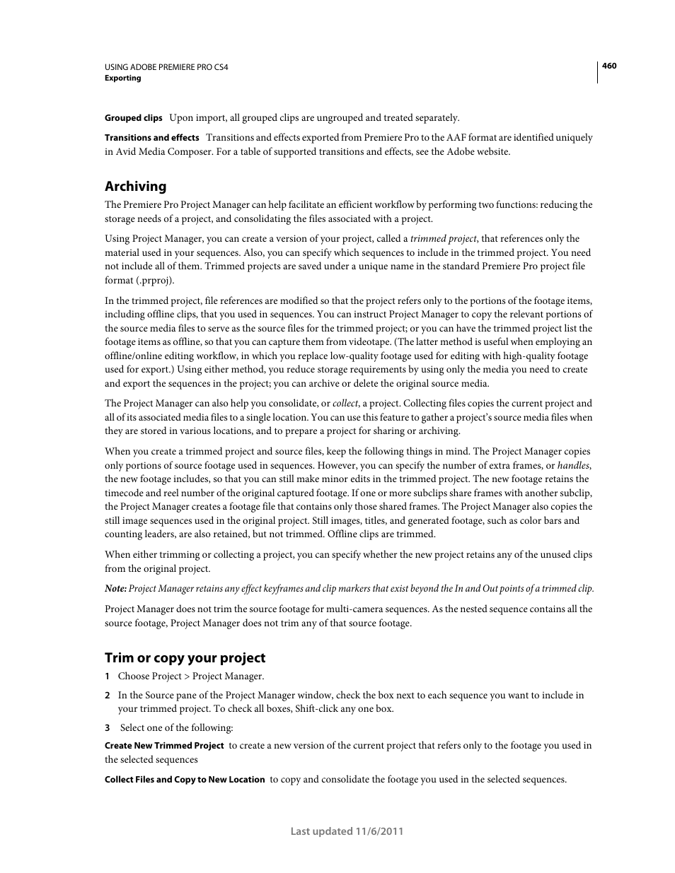 Archiving, Trim or copy your project | Adobe Premiere Pro CS4 User Manual | Page 466 / 491
