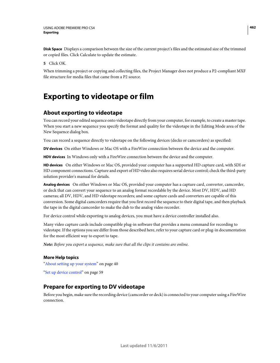 Exporting to videotape or film, About exporting to videotape, Prepare for exporting to dv videotape | Adobe Premiere Pro CS4 User Manual | Page 468 / 491