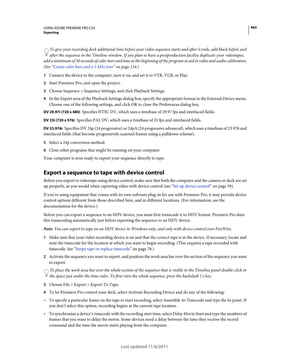 Export a sequence to tape with device control | Adobe Premiere Pro CS4 User Manual | Page 469 / 491