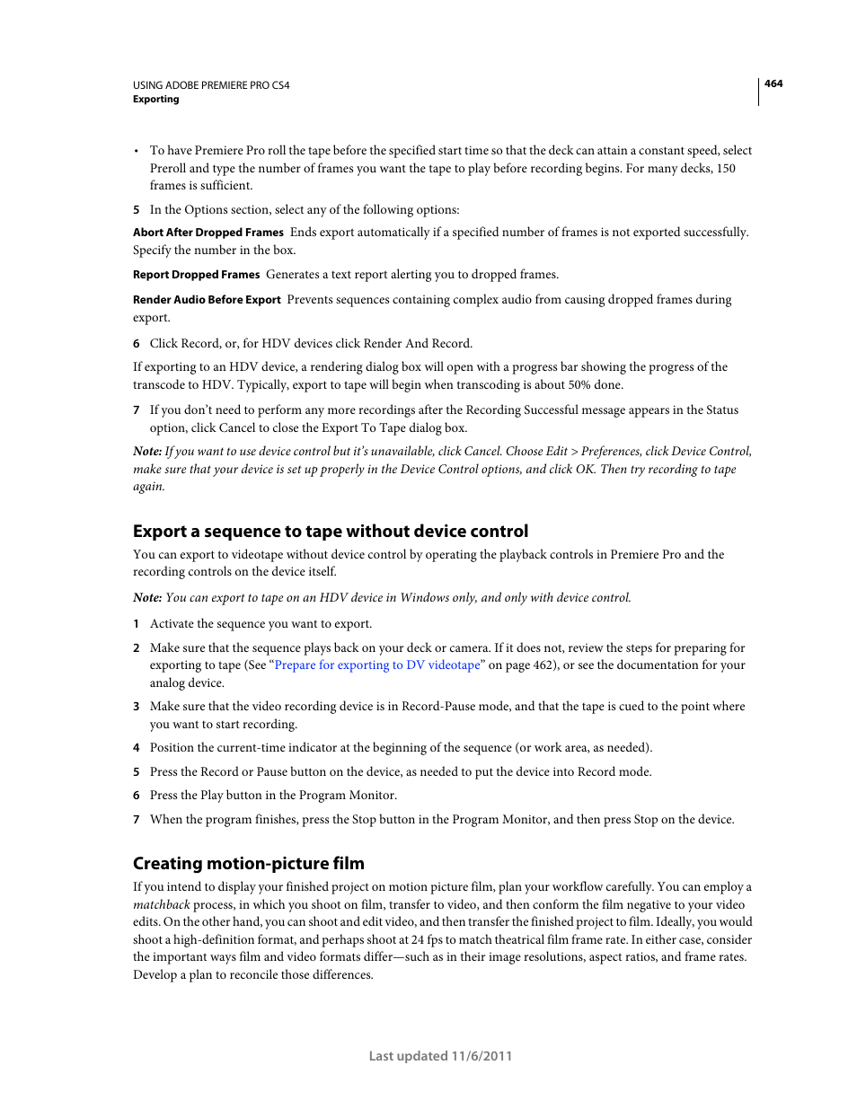 Export a sequence to tape without device control, Creating motion-picture film | Adobe Premiere Pro CS4 User Manual | Page 470 / 491