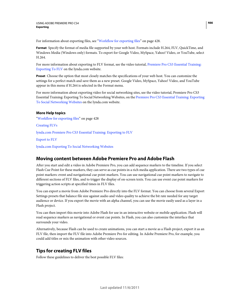 Tips for creating flv files | Adobe Premiere Pro CS4 User Manual | Page 472 / 491
