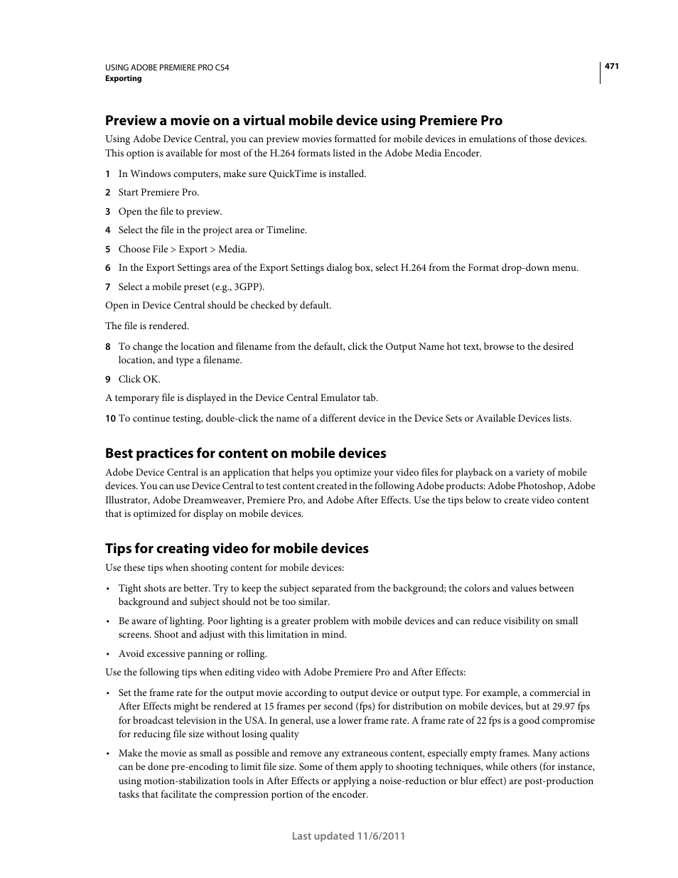 Best practices for content on mobile devices, Tips for creating video for mobile devices | Adobe Premiere Pro CS4 User Manual | Page 477 / 491