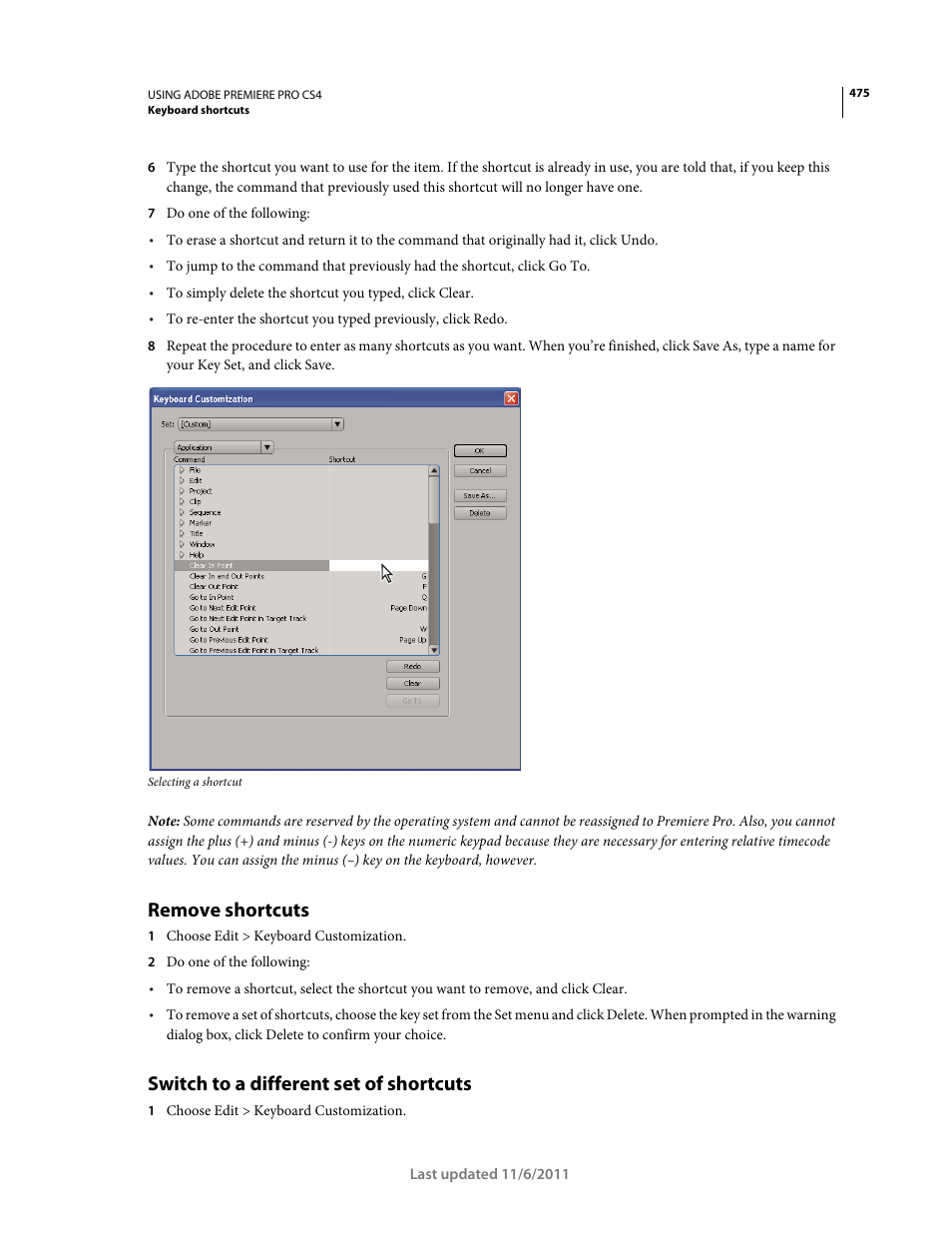 Remove shortcuts, Switch to a different set of shortcuts | Adobe Premiere Pro CS4 User Manual | Page 481 / 491