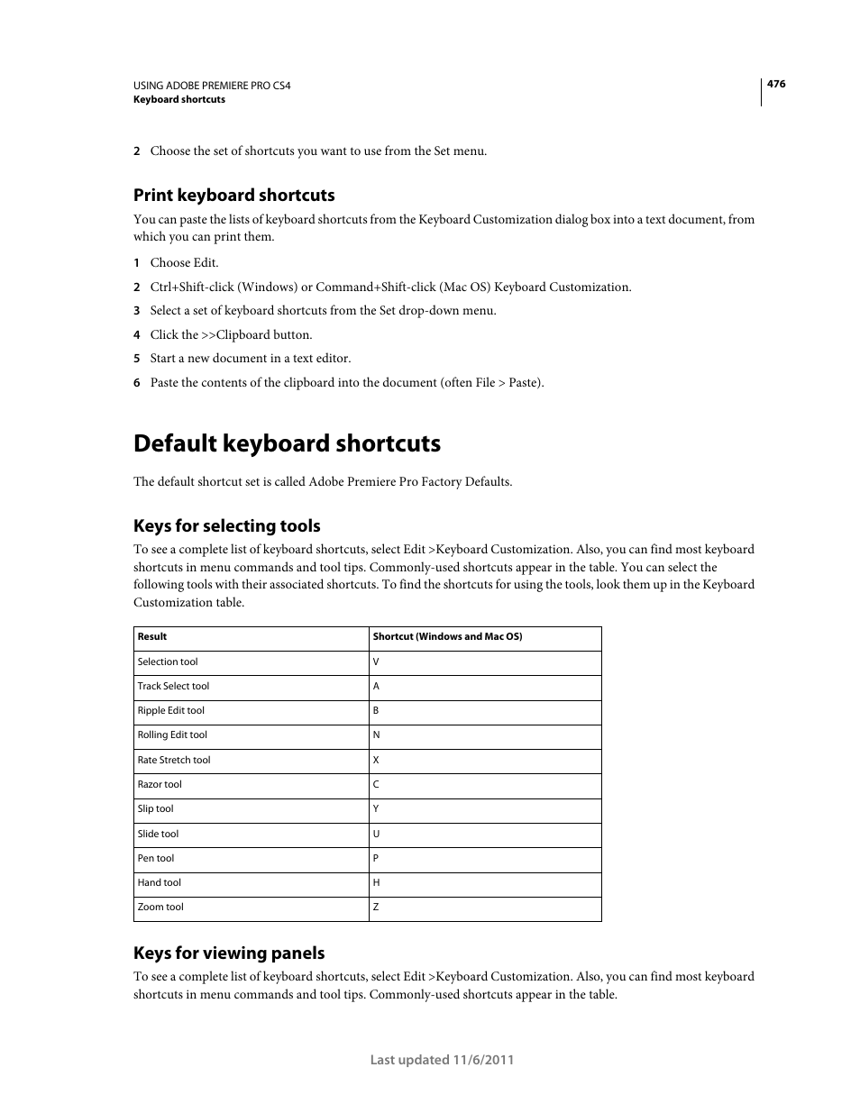 Print keyboard shortcuts, Default keyboard shortcuts, Keys for selecting tools | Keys for viewing panels | Adobe Premiere Pro CS4 User Manual | Page 482 / 491