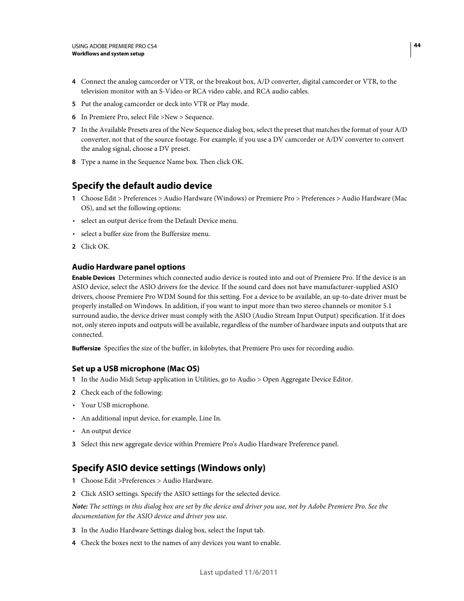 Specify the default audio device, Audio hardware panel options, Set up a usb microphone (mac os) | Specify asio device settings (windows only) | Adobe Premiere Pro CS4 User Manual | Page 50 / 491