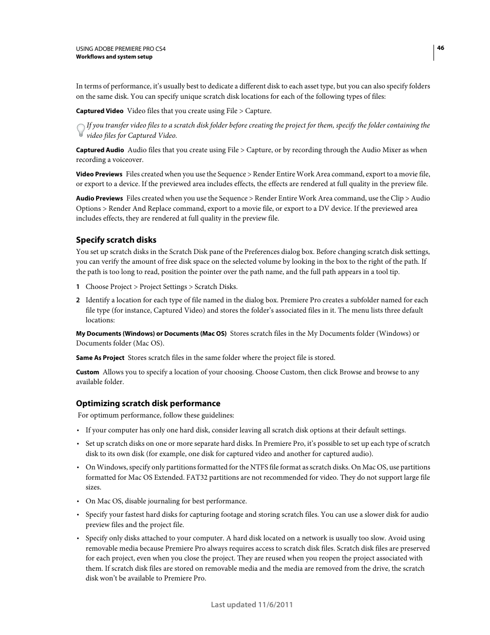 Specify scratch disks, Optimizing scratch disk performance | Adobe Premiere Pro CS4 User Manual | Page 52 / 491