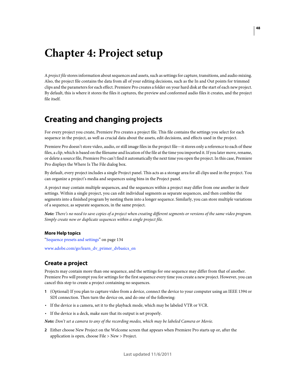 Chapter 4: project setup, Creating and changing projects, Create a project | Creating and changing, Projects | Adobe Premiere Pro CS4 User Manual | Page 54 / 491