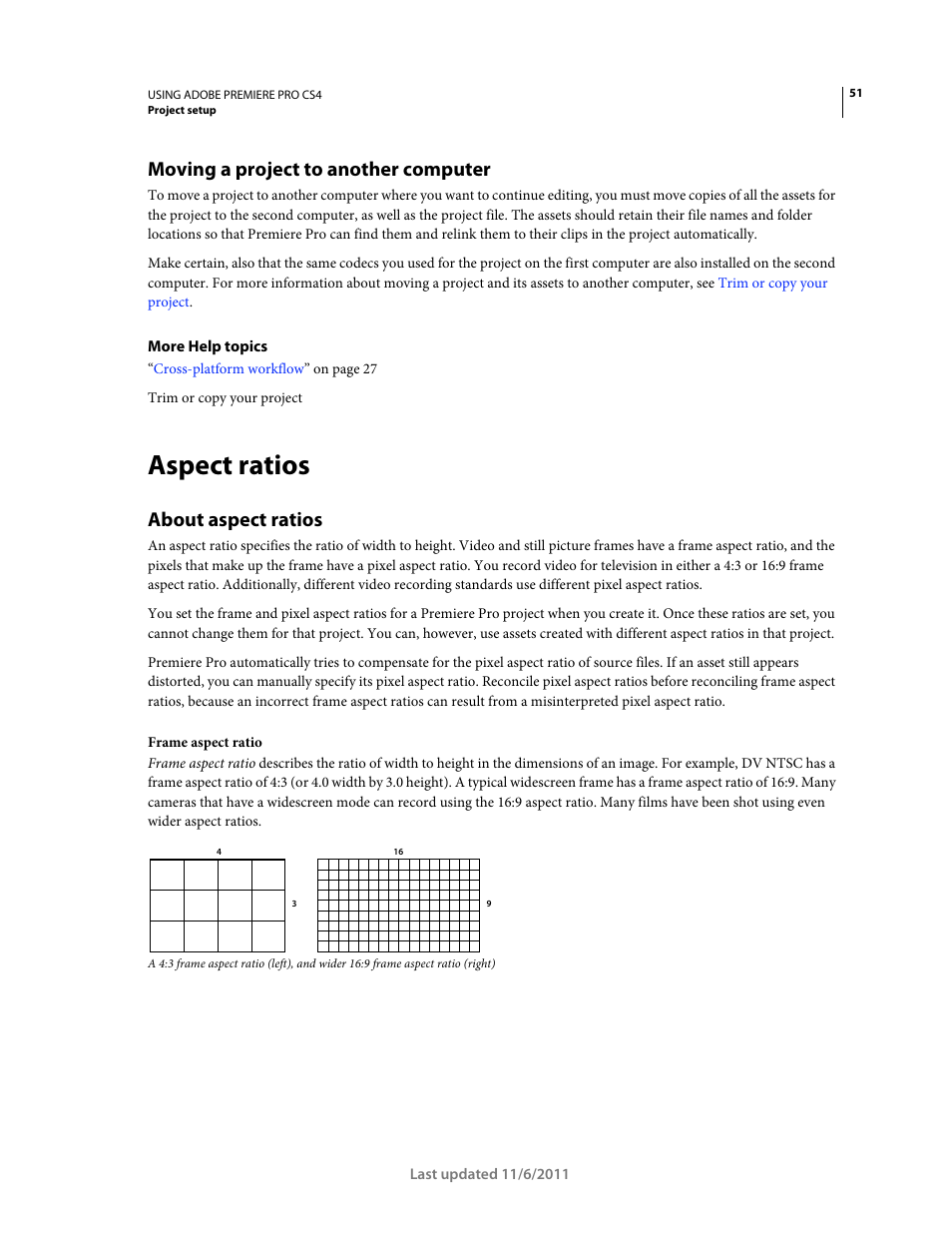 Moving a project to another computer, Aspect ratios, About aspect ratios | Adobe Premiere Pro CS4 User Manual | Page 57 / 491