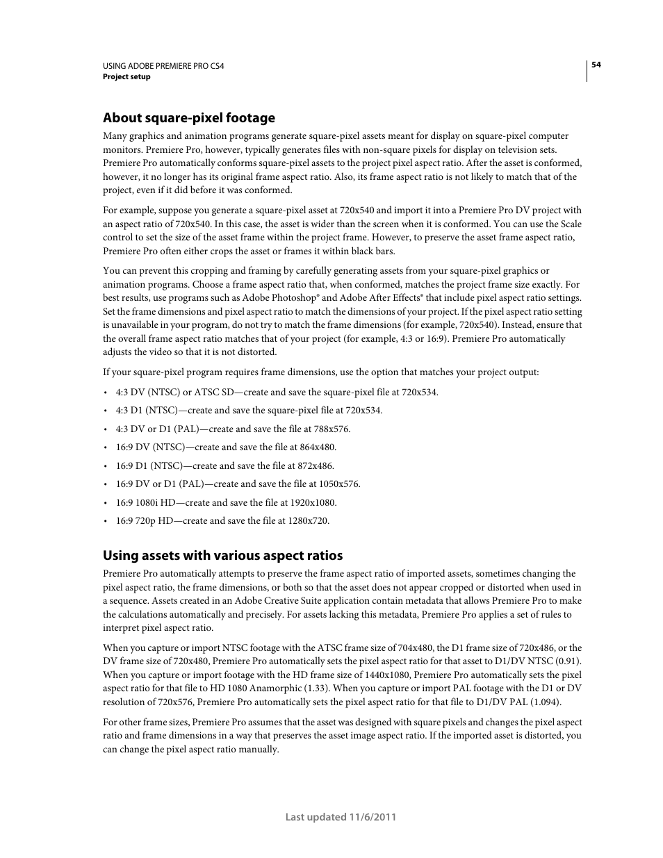 About square-pixel footage, Using assets with various aspect ratios | Adobe Premiere Pro CS4 User Manual | Page 60 / 491