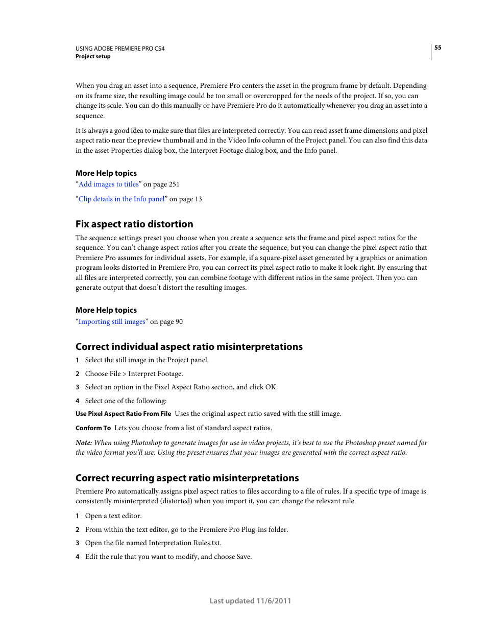 Fix aspect ratio distortion, Correct individual aspect ratio misinterpretations, Correct recurring aspect ratio misinterpretations | Adobe Premiere Pro CS4 User Manual | Page 61 / 491