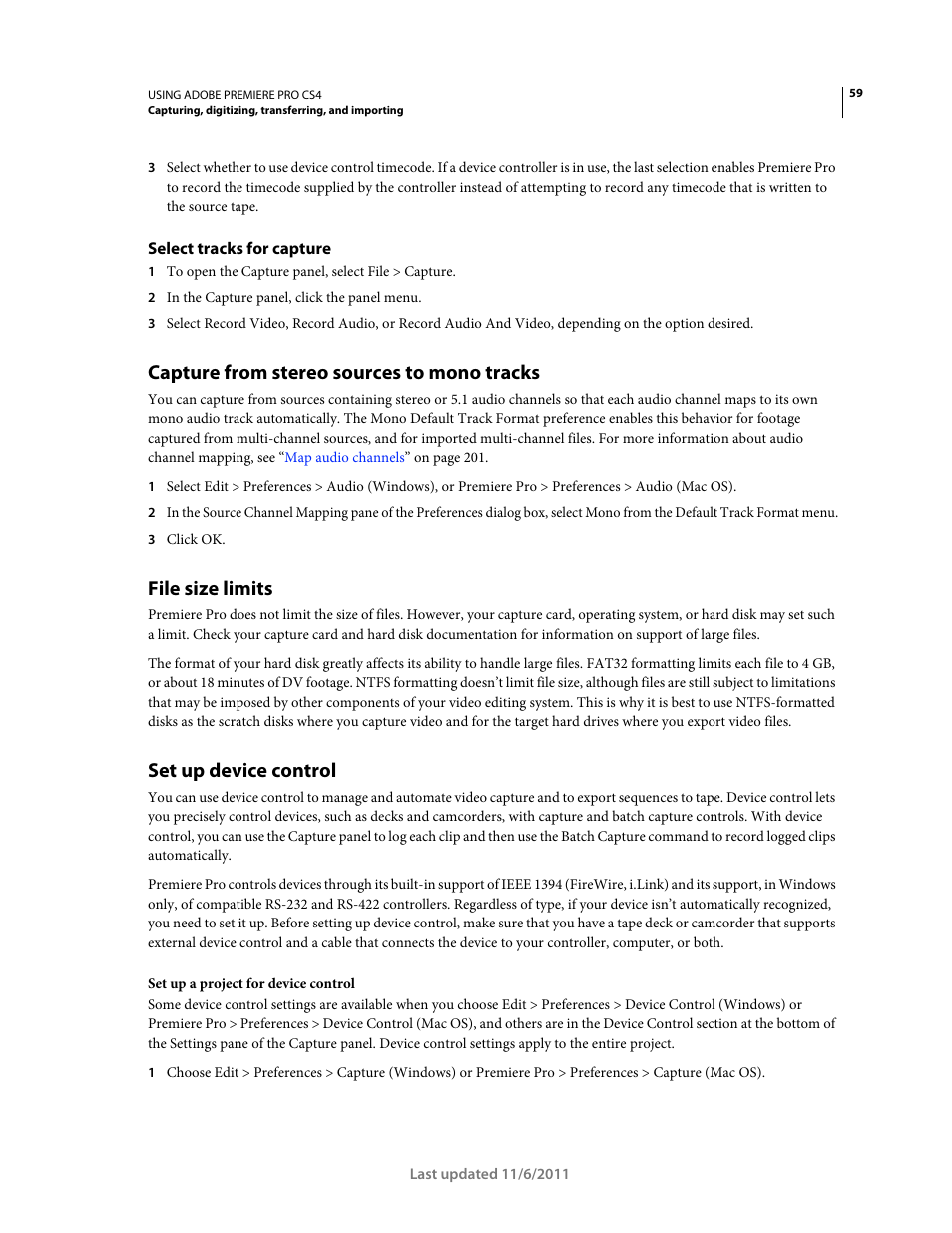 Select tracks for capture, Capture from stereo sources to mono tracks, File size limits | Set up device control, Set up a project for device control | Adobe Premiere Pro CS4 User Manual | Page 65 / 491