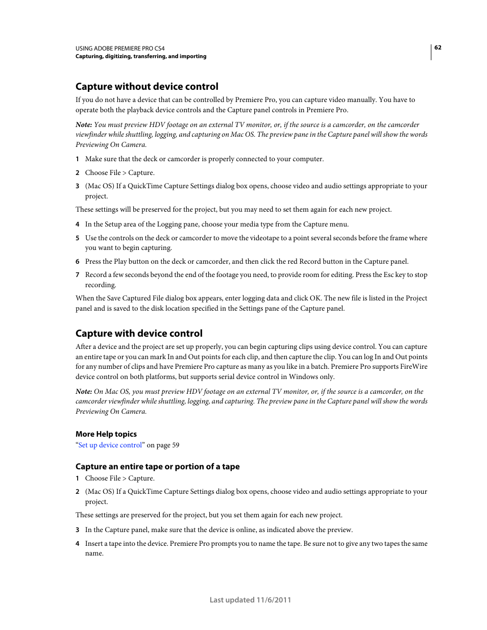 Capture without device control, Capture with device control, Capture an entire tape or portion of a tape | Adobe Premiere Pro CS4 User Manual | Page 68 / 491