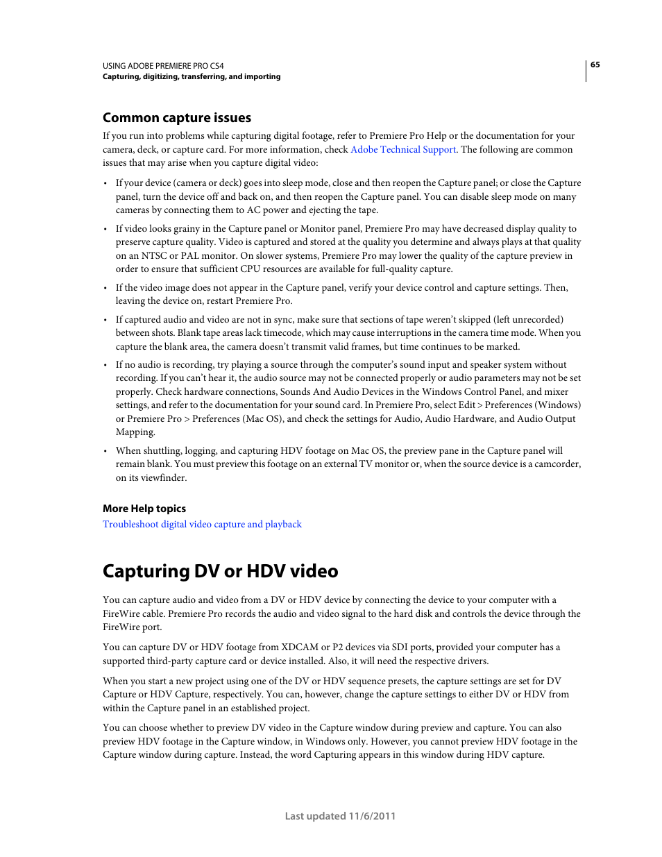 Common capture issues, Capturing dv or hdv video | Adobe Premiere Pro CS4 User Manual | Page 71 / 491