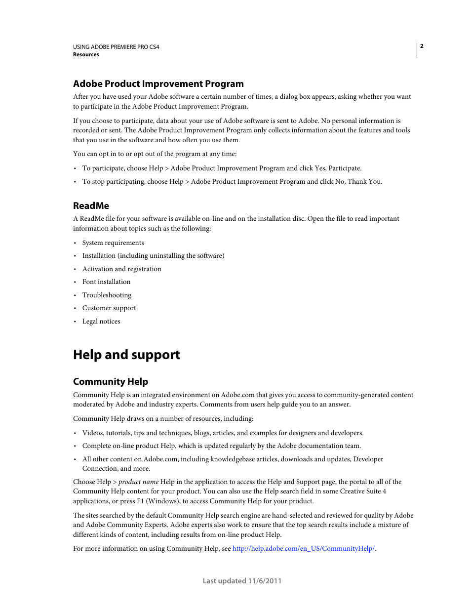 Adobe product improvement program, Readme, Help and support | Community help | Adobe Premiere Pro CS4 User Manual | Page 8 / 491