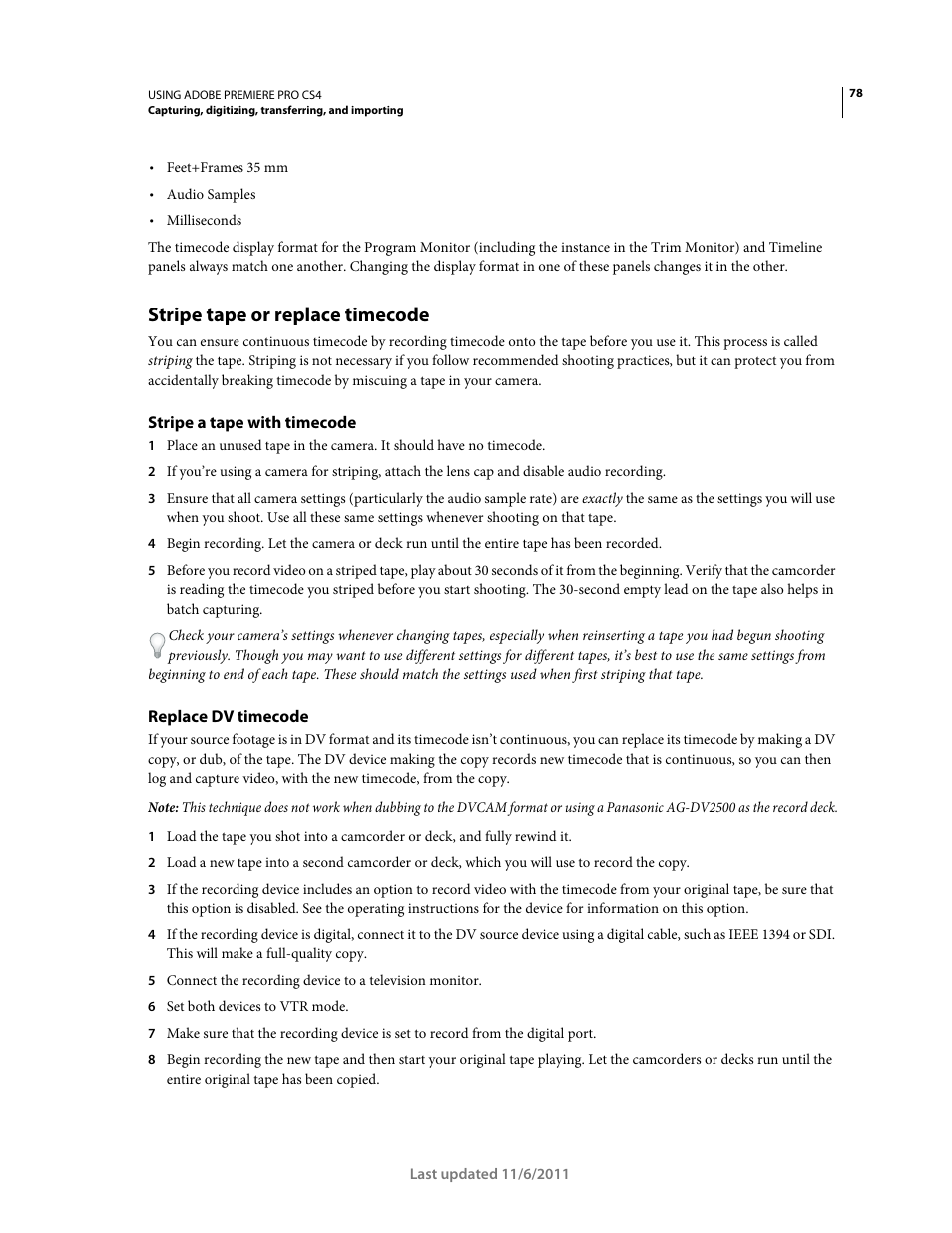 Stripe tape or replace timecode, Stripe a tape with timecode, Replace dv timecode | Adobe Premiere Pro CS4 User Manual | Page 84 / 491