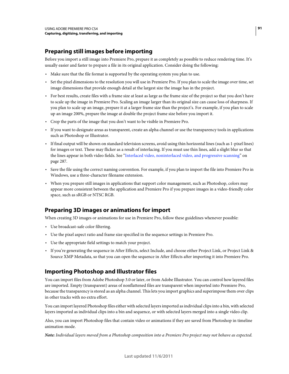 Preparing still images before importing, Preparing 3d images or animations for import, Importing photoshop and illustrator files | Adobe Premiere Pro CS4 User Manual | Page 97 / 491