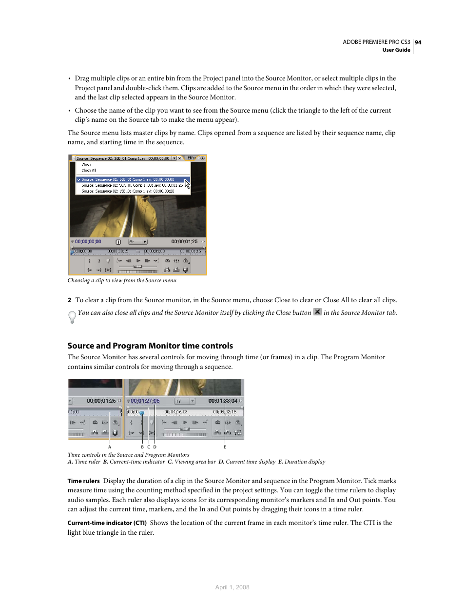 Source and program monitor time controls | Adobe Premiere Pro CS3 User Manual | Page 100 / 455