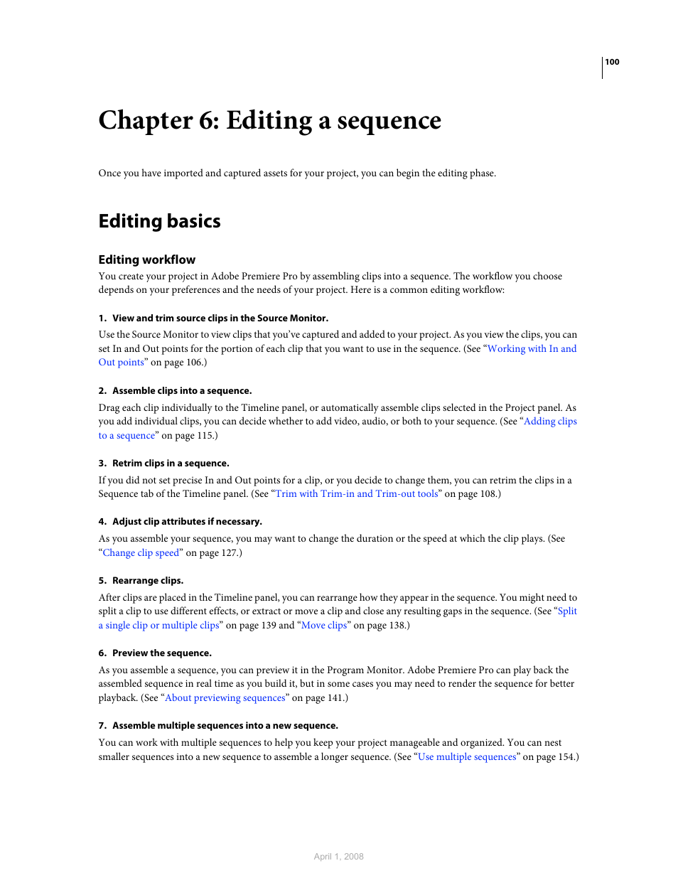 Chapter 6: editing a sequence, Editing basics, Editing workflow | Adobe Premiere Pro CS3 User Manual | Page 106 / 455