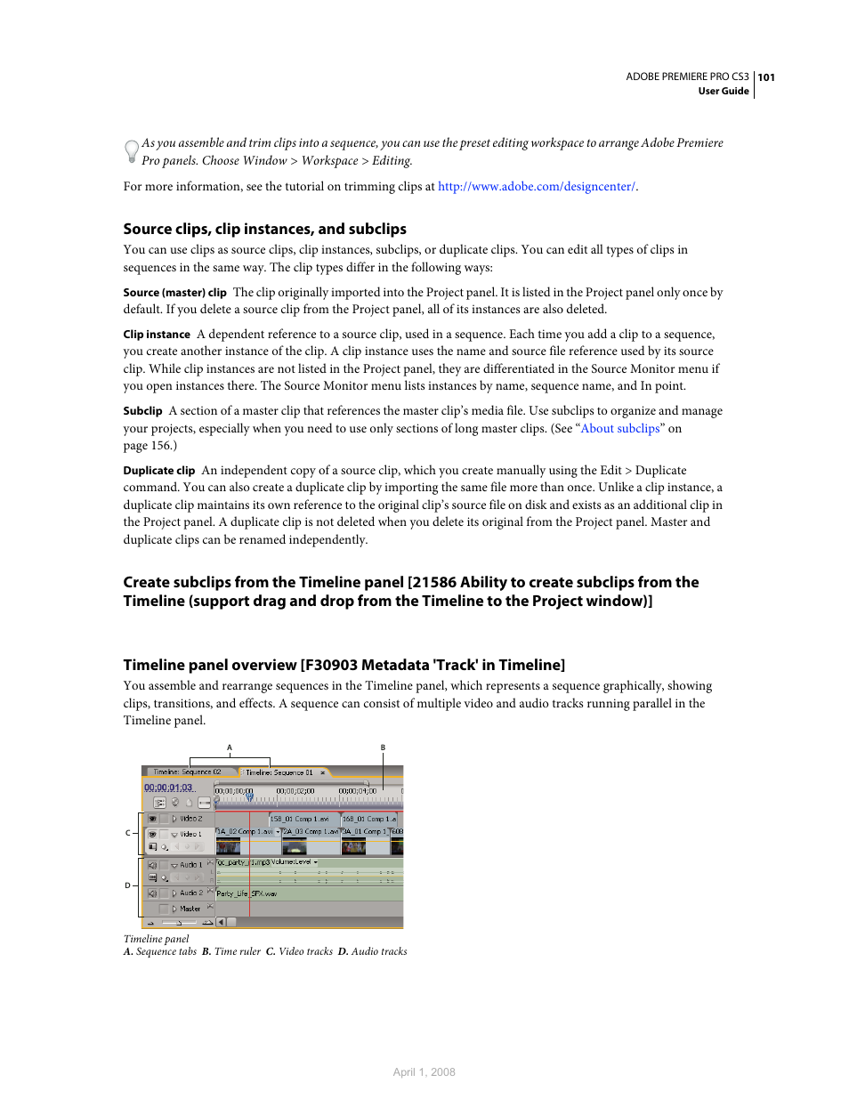 Source clips, clip instances, and subclips | Adobe Premiere Pro CS3 User Manual | Page 107 / 455