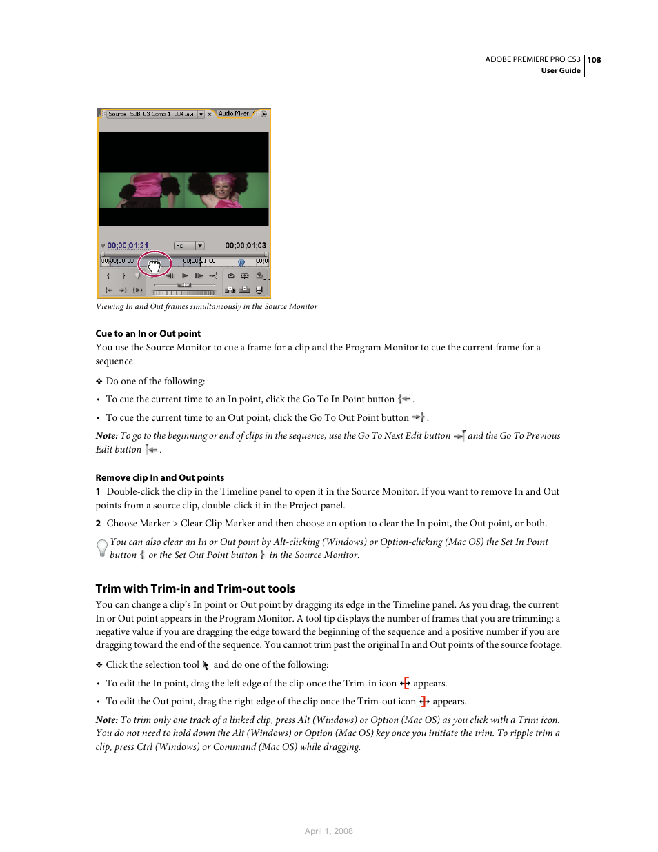 Trim with trim-in and trim-out tools | Adobe Premiere Pro CS3 User Manual | Page 114 / 455