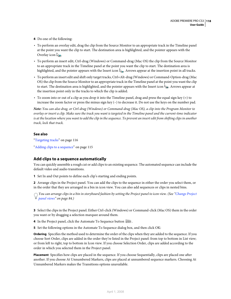 Add clips to a sequence automatically | Adobe Premiere Pro CS3 User Manual | Page 124 / 455