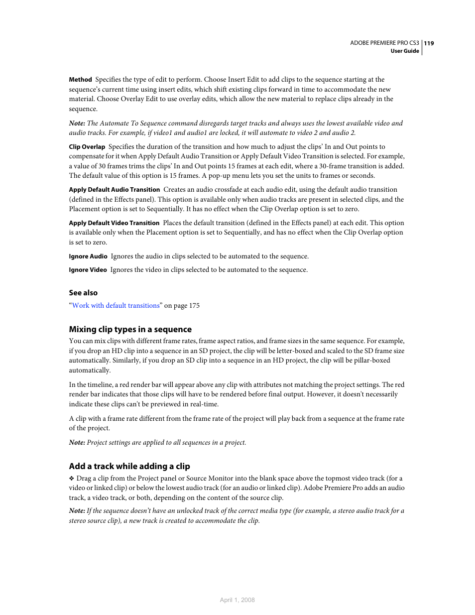 Mixing clip types in a sequence, Add a track while adding a clip | Adobe Premiere Pro CS3 User Manual | Page 125 / 455