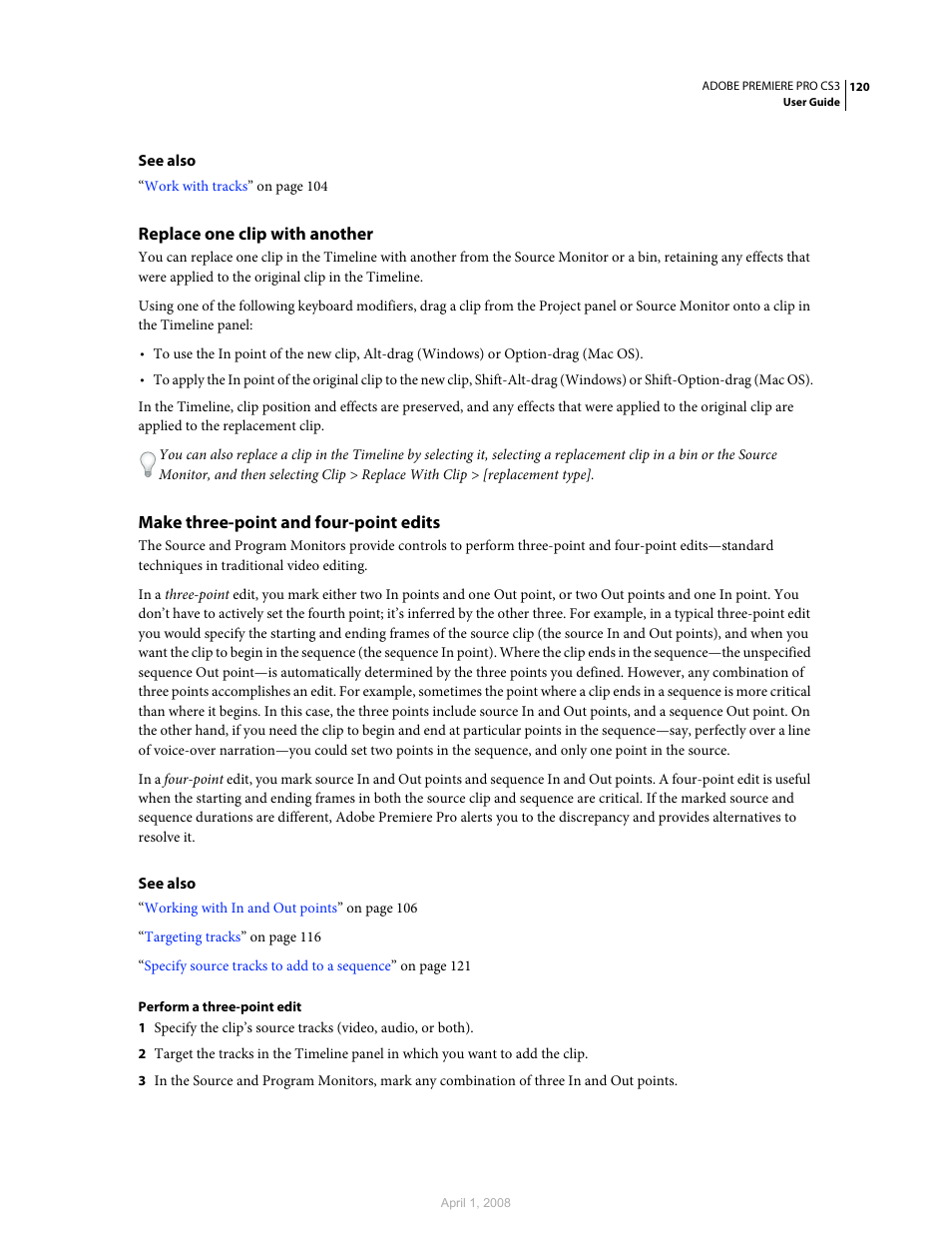 Replace one clip with another, Make three-point and four-point edits | Adobe Premiere Pro CS3 User Manual | Page 126 / 455