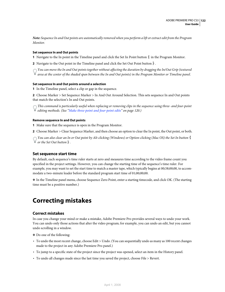 Set sequence start time, Correcting mistakes, Correct mistakes | Adobe Premiere Pro CS3 User Manual | Page 128 / 455