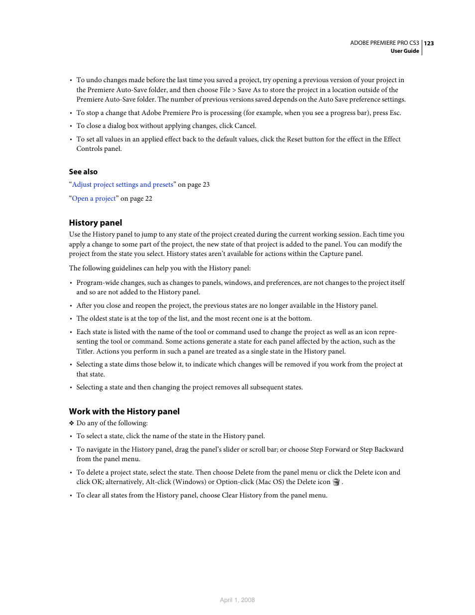 History panel, Work with the history panel | Adobe Premiere Pro CS3 User Manual | Page 129 / 455