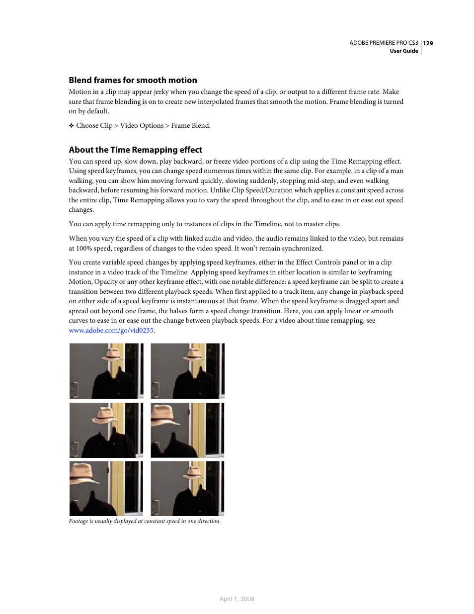 Blend frames for smooth motion, About the time remapping effect | Adobe Premiere Pro CS3 User Manual | Page 135 / 455