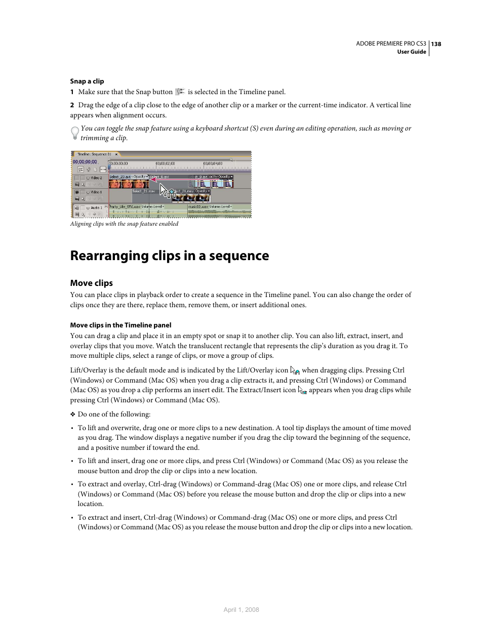 Rearranging clips in a sequence, Move clips | Adobe Premiere Pro CS3 User Manual | Page 144 / 455
