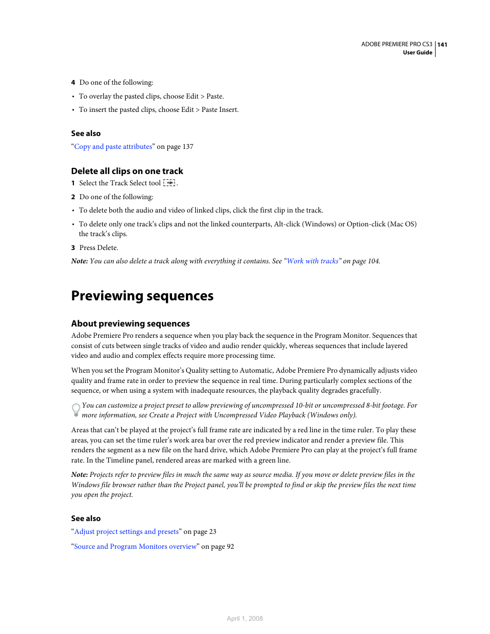 Delete all clips on one track, Previewing sequences, About previewing sequences | Playback. (see | Adobe Premiere Pro CS3 User Manual | Page 147 / 455