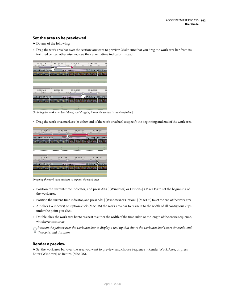 Set the area to be previewed, Render a preview | Adobe Premiere Pro CS3 User Manual | Page 148 / 455