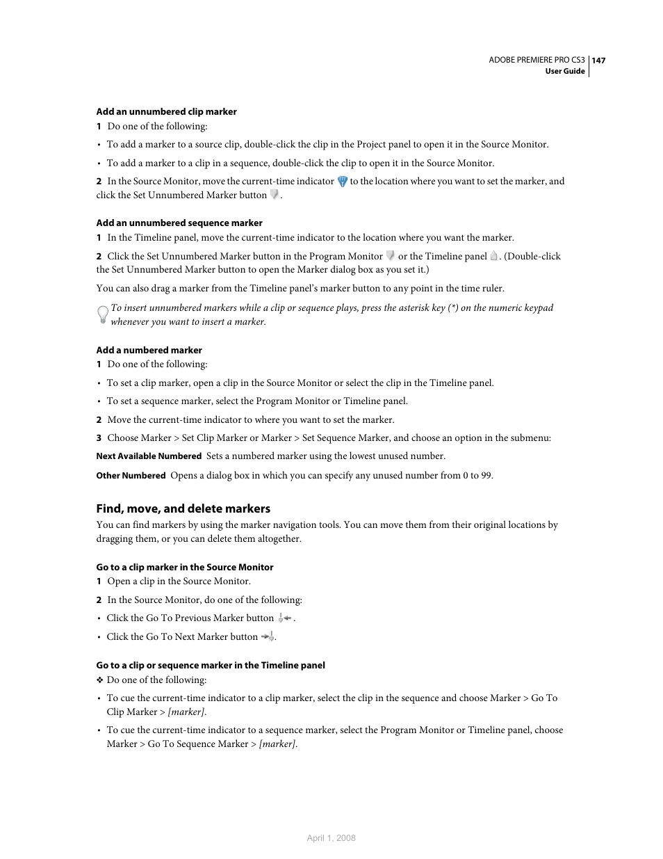 Find, move, and delete markers | Adobe Premiere Pro CS3 User Manual | Page 153 / 455