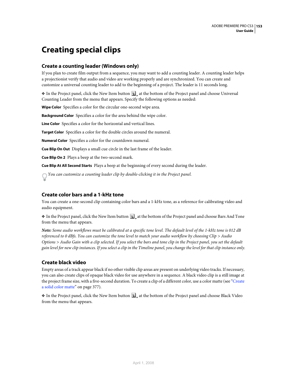 Creating special clips, Create a counting leader (windows only), Create color bars and a 1-khz tone | Create black video | Adobe Premiere Pro CS3 User Manual | Page 159 / 455