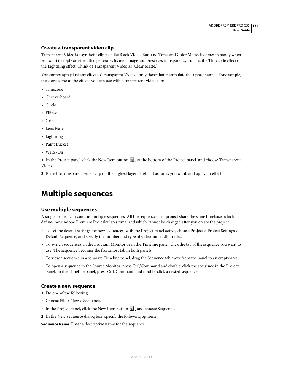 Create a transparent video clip, Multiple sequences, Use multiple sequences | Create a new sequence | Adobe Premiere Pro CS3 User Manual | Page 160 / 455