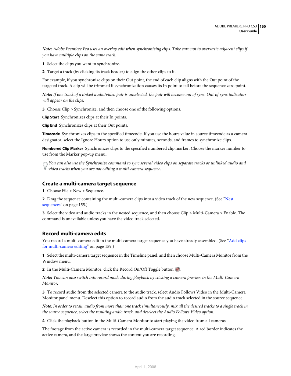 Create a multi-camera target sequence, Record multi-camera edits | Adobe Premiere Pro CS3 User Manual | Page 166 / 455