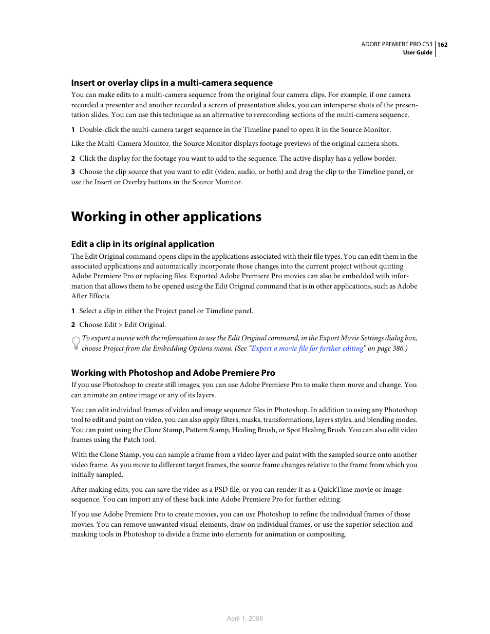 Insert or overlay clips in a multi-camera sequence, Working in other applications, Edit a clip in its original application | Working with photoshop and adobe premiere pro, Generated. (see | Adobe Premiere Pro CS3 User Manual | Page 168 / 455