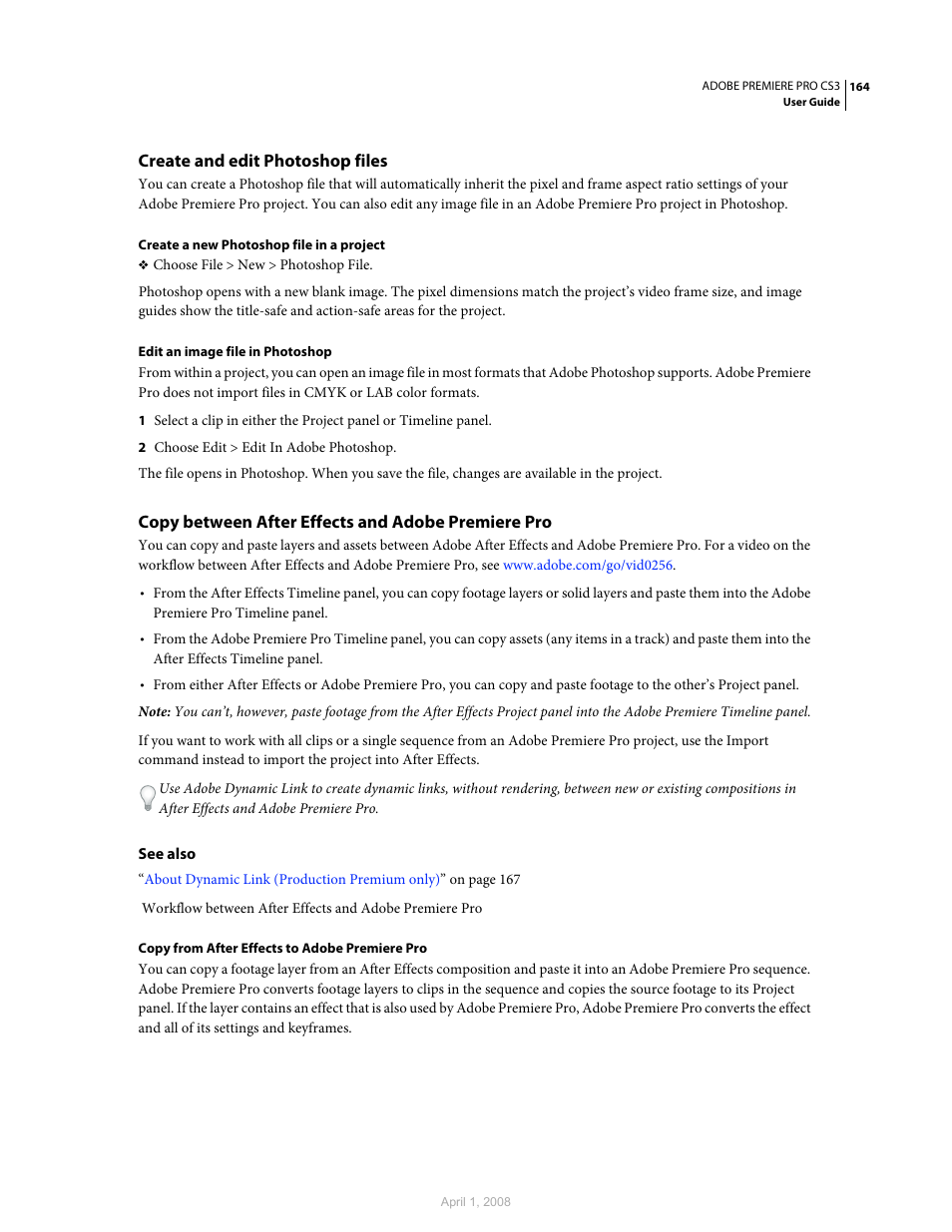 Create and edit photoshop files, Copy between after effects and adobe premiere pro | Adobe Premiere Pro CS3 User Manual | Page 170 / 455