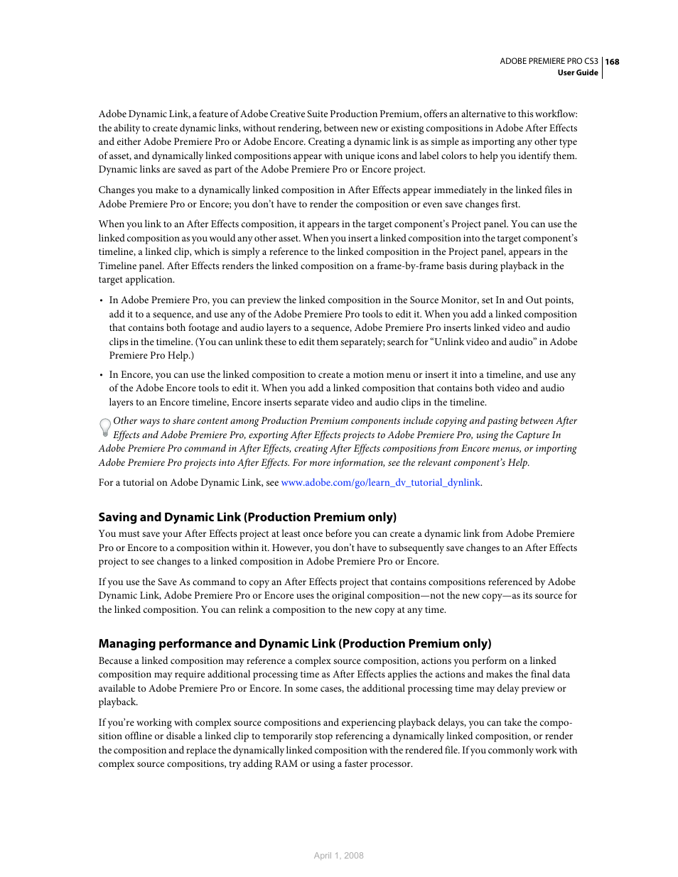 Saving and dynamic link (production premium only) | Adobe Premiere Pro CS3 User Manual | Page 174 / 455