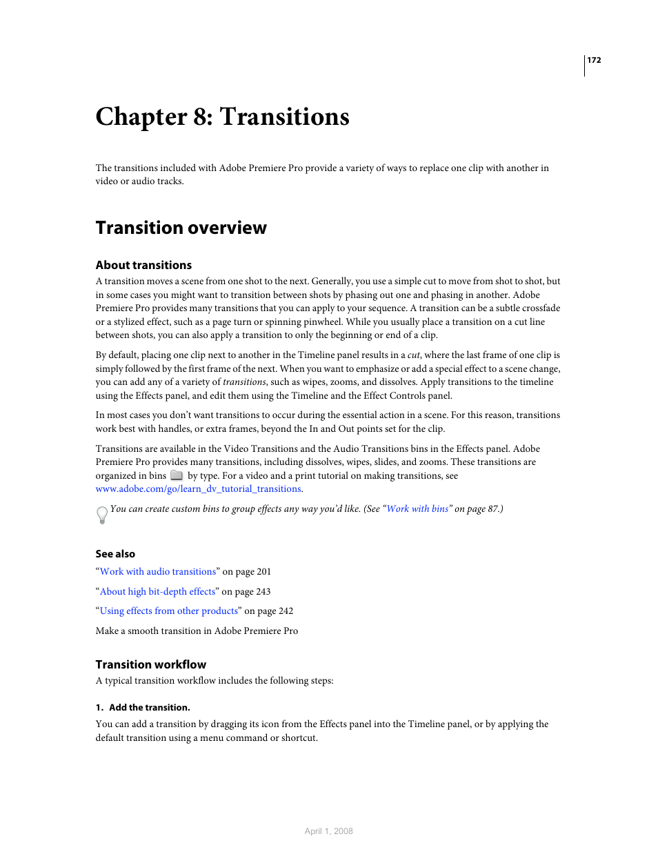 Chapter 8: transitions, Transition overview, About transitions | Transition workflow | Adobe Premiere Pro CS3 User Manual | Page 178 / 455