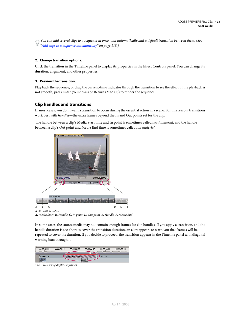 Clip handles and transitions | Adobe Premiere Pro CS3 User Manual | Page 179 / 455